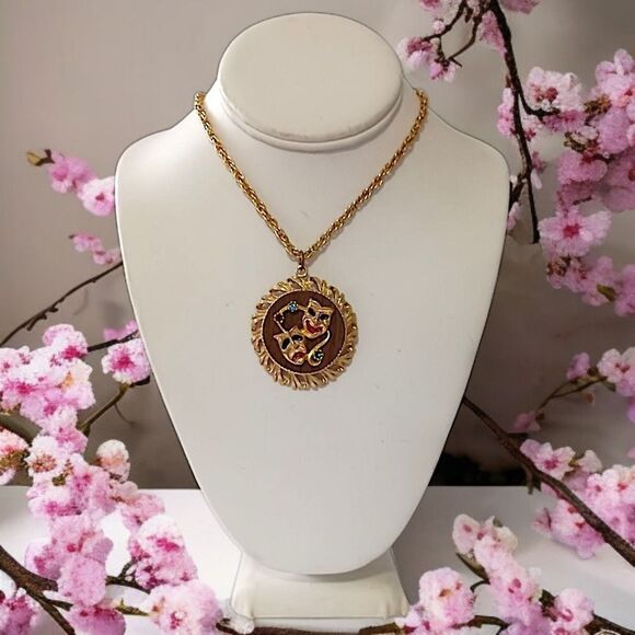 Vintage Comedy Tragedy Mask Necklace MCM Gold Tone Rhinestones Mardi Gras 70s - Picture 13 of 15